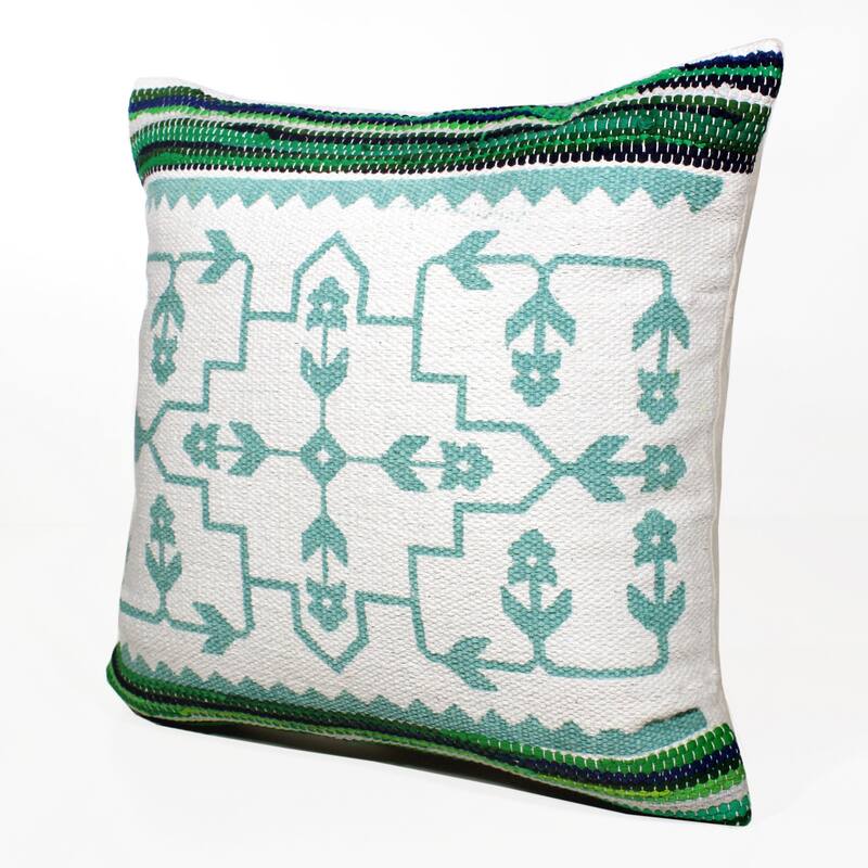 HomeRoots 20" X 20" Green White And Blue 100% Cotton Geometric Zippered Pillow