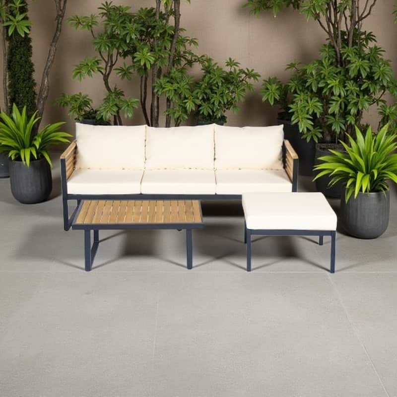 3-Piece Outdoor Patio Furniture Set with Wood Frame and Cushioned Seating, Industrial Style Sofa Set with Table and Ottomans - 3-piece Beige,Teak+ Black