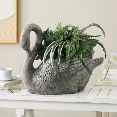 Gray Magnesium Oxide Textured Swan Indoor Outdoor Planter with Patina Accents