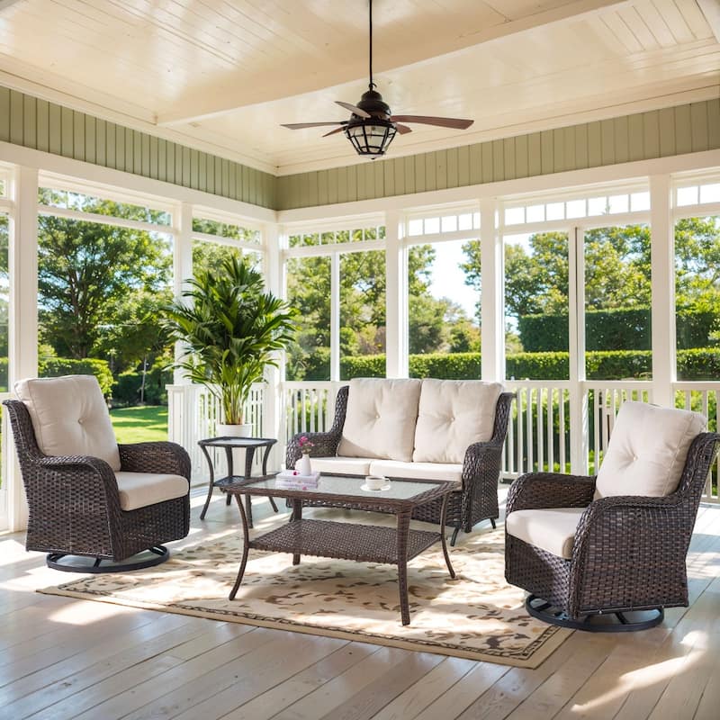 Outdoor Glider Sofa Funitre Set - Brown Rattan - Beige Cushion - 5PCS Sofa with Swivel Chair Table