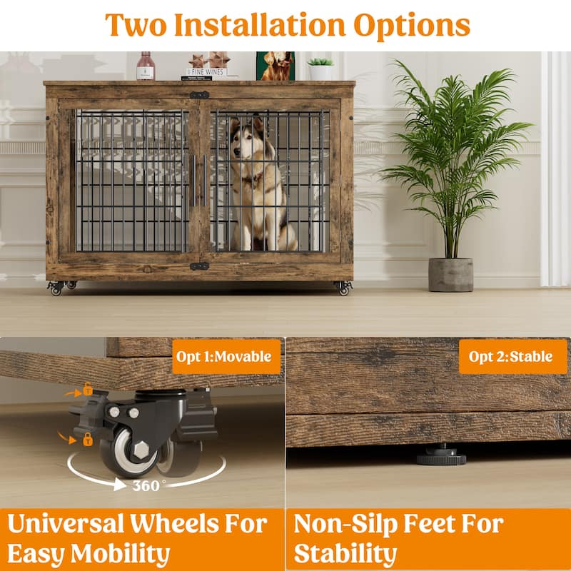 Dog Crate Indoor Heavy Duty Double Doors Wooden Dog Cage with Cushion
