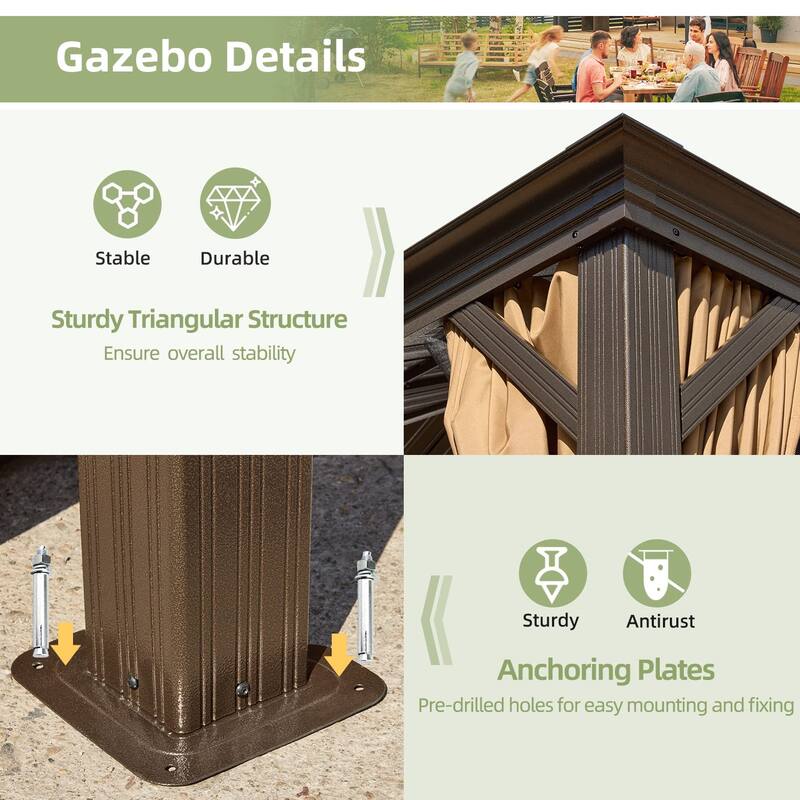Outdoor Pro Series Galvanized Steel Hardtop Patio Gazebo Pergola w/Aluminum Frame, Prime Curtains and nettings include