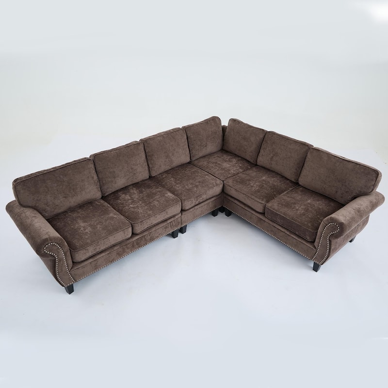 109.5" Chenille 6-Seater L-Shaped Sectional Sofa with Rivets Decorated Rolled Armrests,Cushions, and Wood Frame