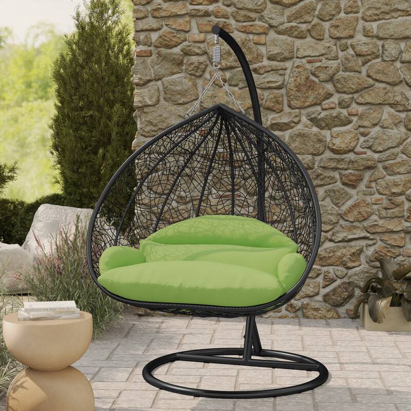 2-Person Outdoor Hanging Egg Chair with Teardrop Frame, Weather-Resistant Cotton Cushioned Seat for Patio and Indoor Use