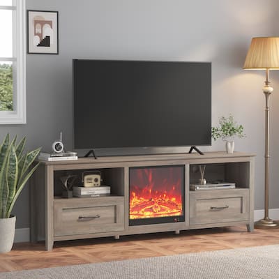 Wood Fireplace TV Stand with 2 Drawers & Shelves, Grey