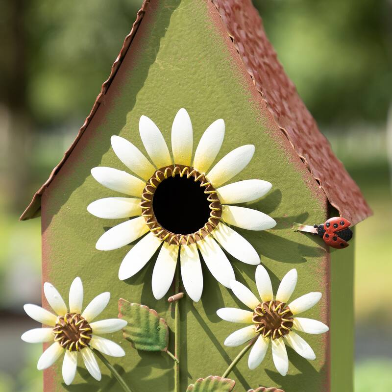 Glitzhome 52.5''H Blue Green Metal Sunflower Decorative Garden Birdhouse with Stake