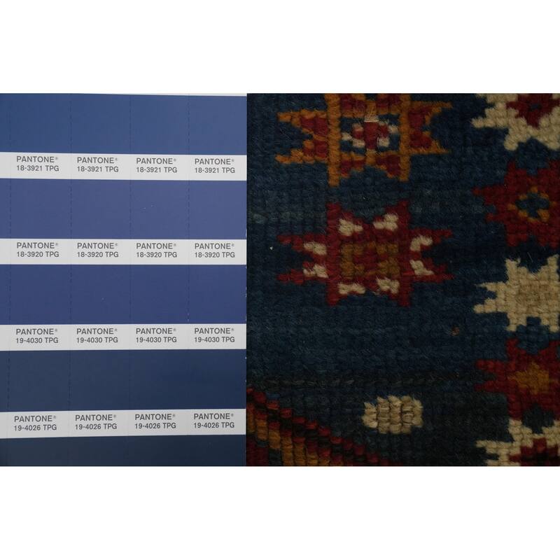 Hand Knotted Oriental 100% Wool Carpet Traditional Geometric Navy Blue & Blues Kazak Area Rug - 4' 7'' X 3' 6''