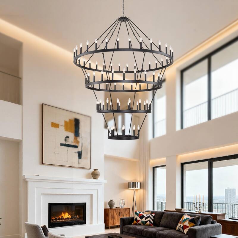 70.87INCH Tiers Wagon Wheel Chandelier Farmhouse 60-Light, Gold Color Metal 4-Story Light Fixtures Adjustable Height E12