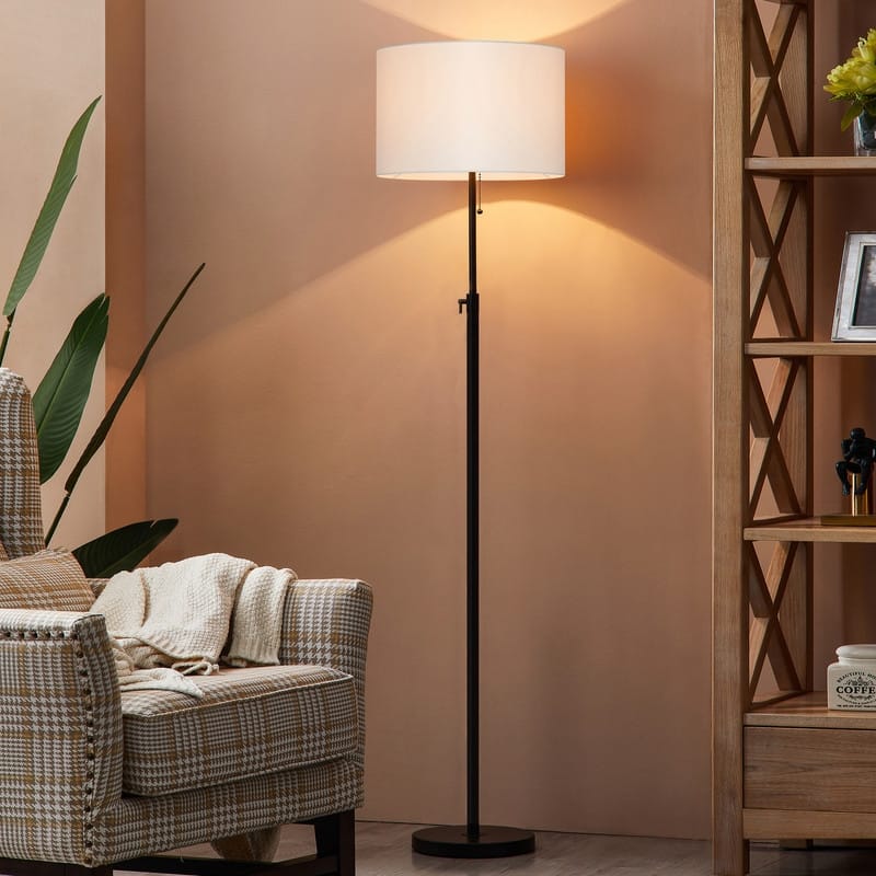 KAWOTI 65inch Modern Adjustable Standard Floor Lamp with White Drum Shade - Black
