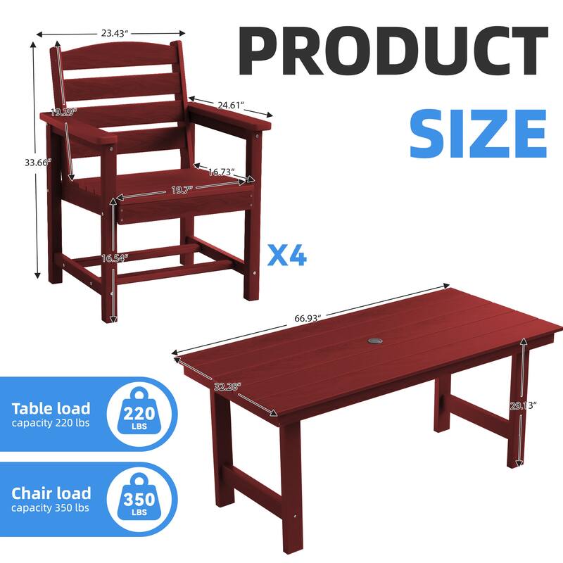 5-Piece HDPE Outdoor Dining Table Sets with Umbrella Hole - 1-Table 4-Chairs