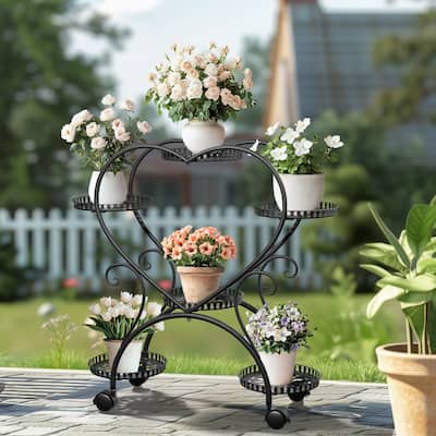 6 Potted Heart Shape Metal Plant Stand Rolling Flower Pot Organizer Display Rack