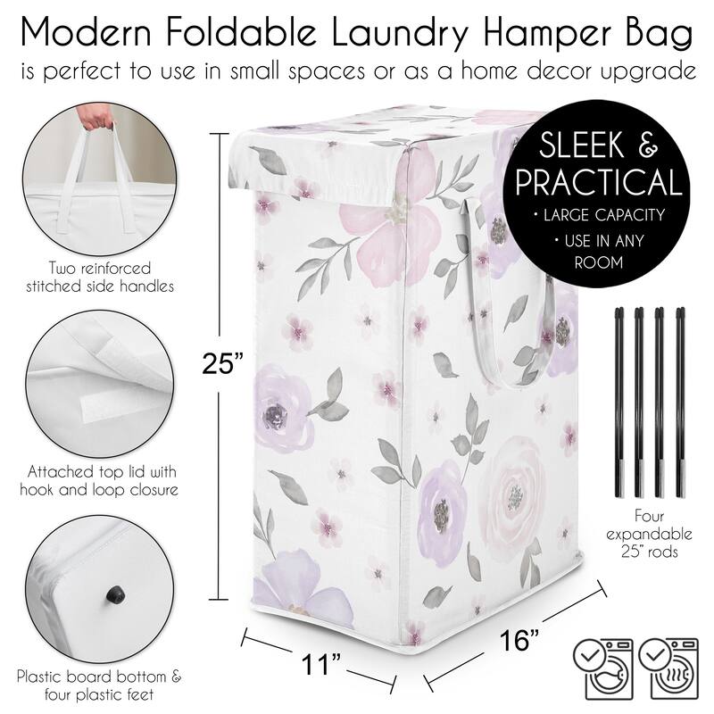 Sweet Jojo Designs Lavender Purple Boho Floral Girl Foldable Laundry Hamper with Handles Bohemian Farmhouse Shabby Watercolor