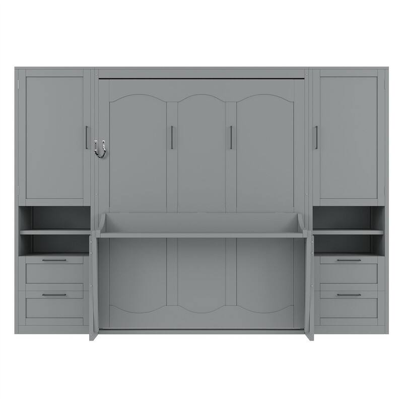 Queen Size Murphy Bed Wall Bed with 2 Wardrobes and 4 Storage Drawers, Foldable Murphy Cabinet Bed w/Open Storage Shelves& Stool
