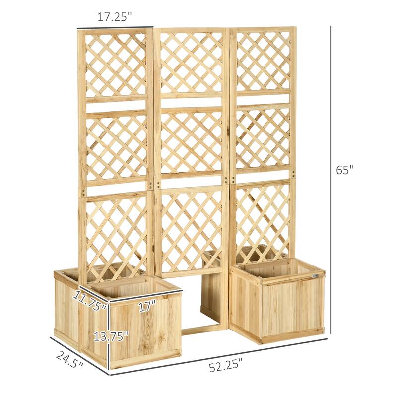 Outsunny Freestanding Outdoor Privacy Screen with 4 Self-Draining Raised Garden Beds, 3 Hinged Privacy Panels
