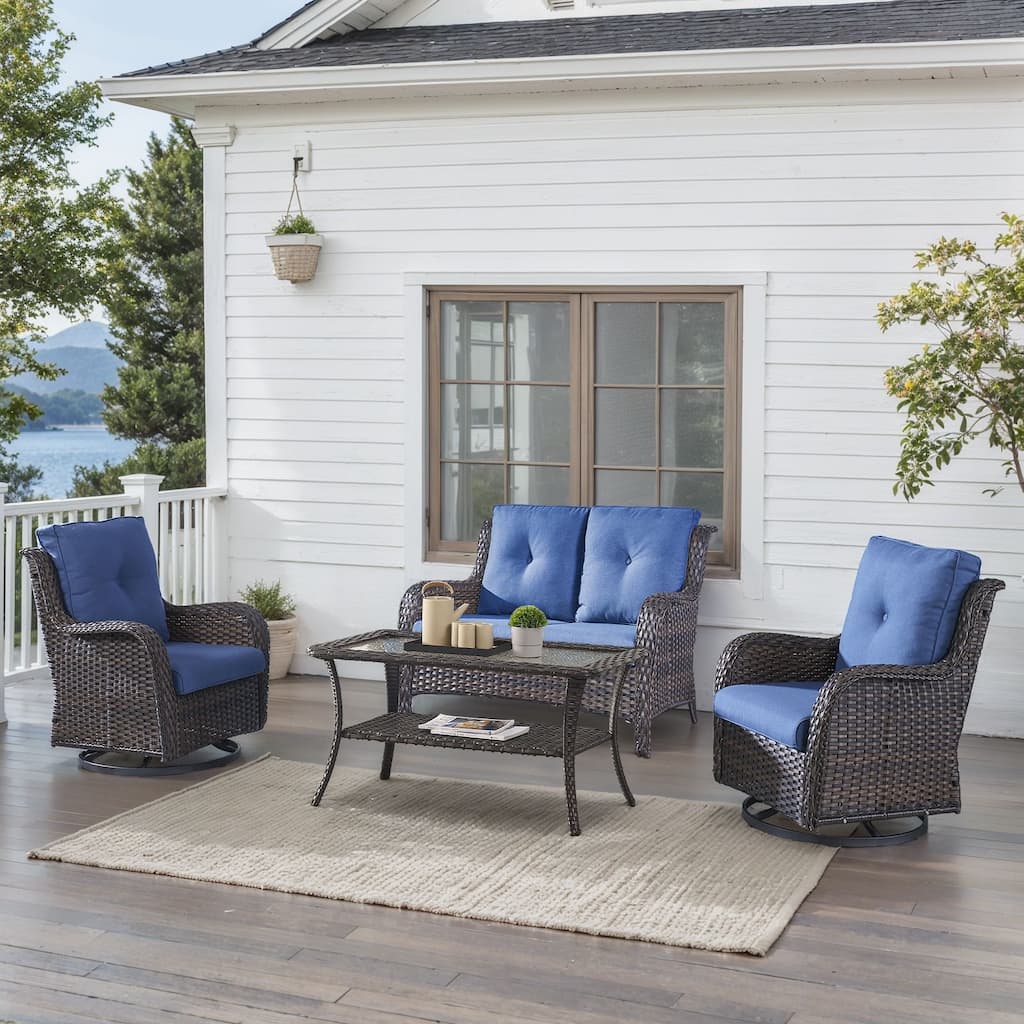 Outdoor Swivel Chairs with Loveseat Coffee Table Brown-Blue - Brown