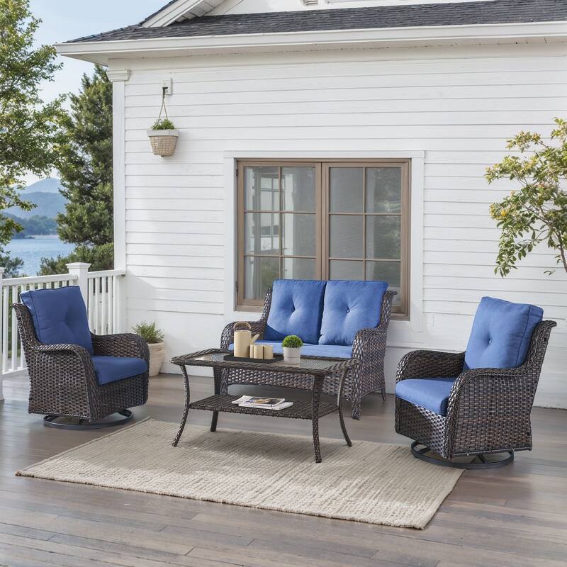 Outdoor Swivel Chairs with Loveseat Coffee Table Brown-Blue - Brown - Brown - Blue