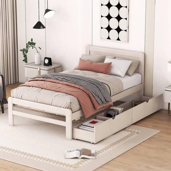 slide 2 of 9, Elegant Design Modern Twin Size Platform Bed Frame with 2-Drawers, No Box Spring Needed, Sturdy Rubberwood, White Washed White Washed