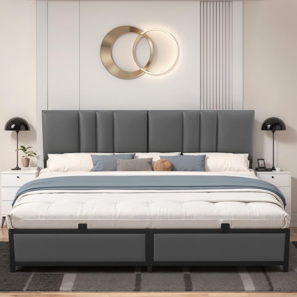 Platform Bed Frame with Ajustable Upholstered Headboard, Bed with USB Port and Charge Station