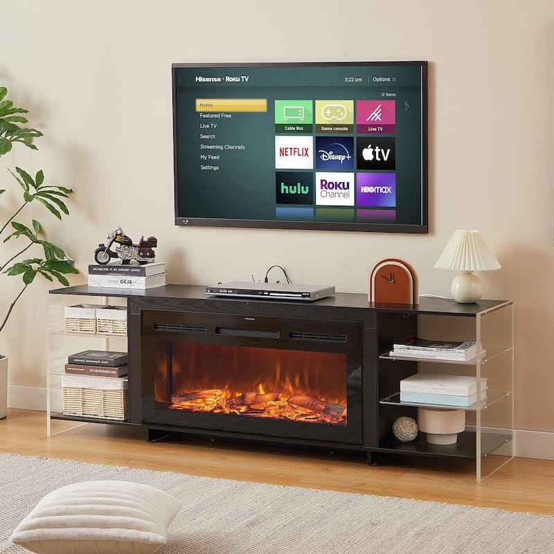 Javlergo Fireplace TV Stand with Power Outlet, Entertainment Center for 75 Inch TV Cabinet with Open Shelves