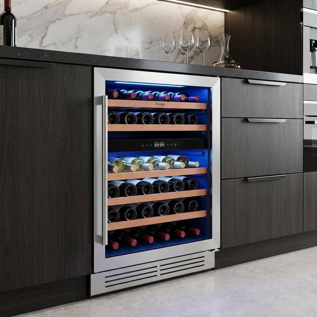 HomeRoots 32" X 22" Silver and Black Metal Dual Compartment Wine Refrigerator