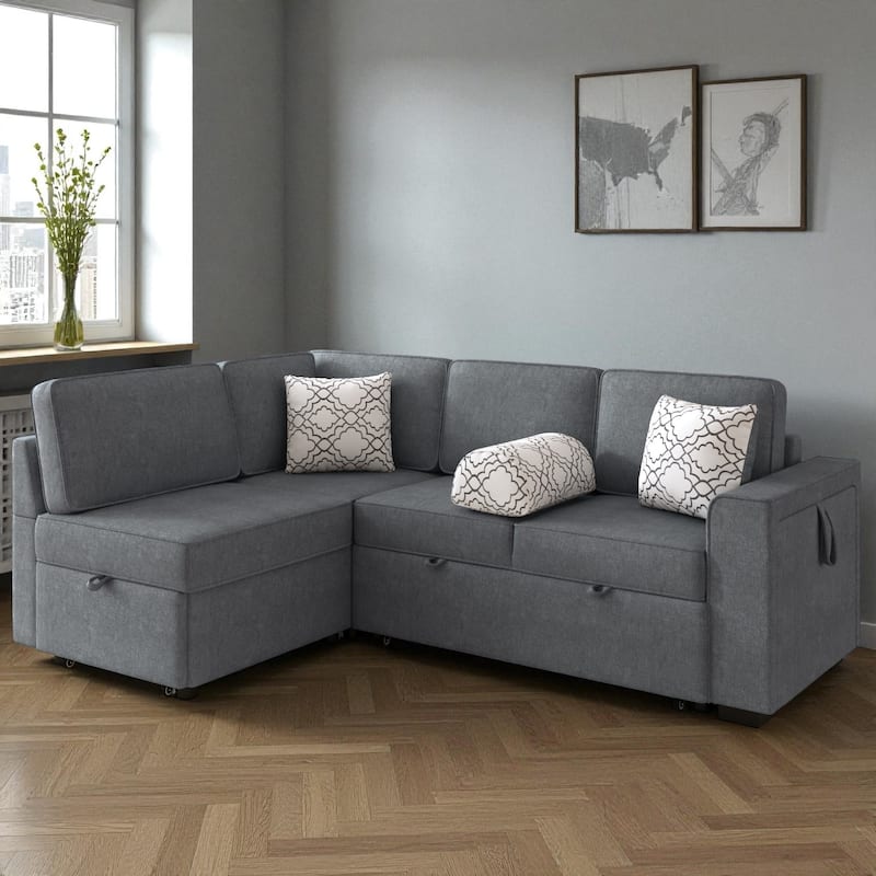 83.9" Convertible Sectional Sofa Bed with Dual Pull-Out Sleepers, Flip-Top Table, USB Ports, Cup Holder & Storage - Dark Grey