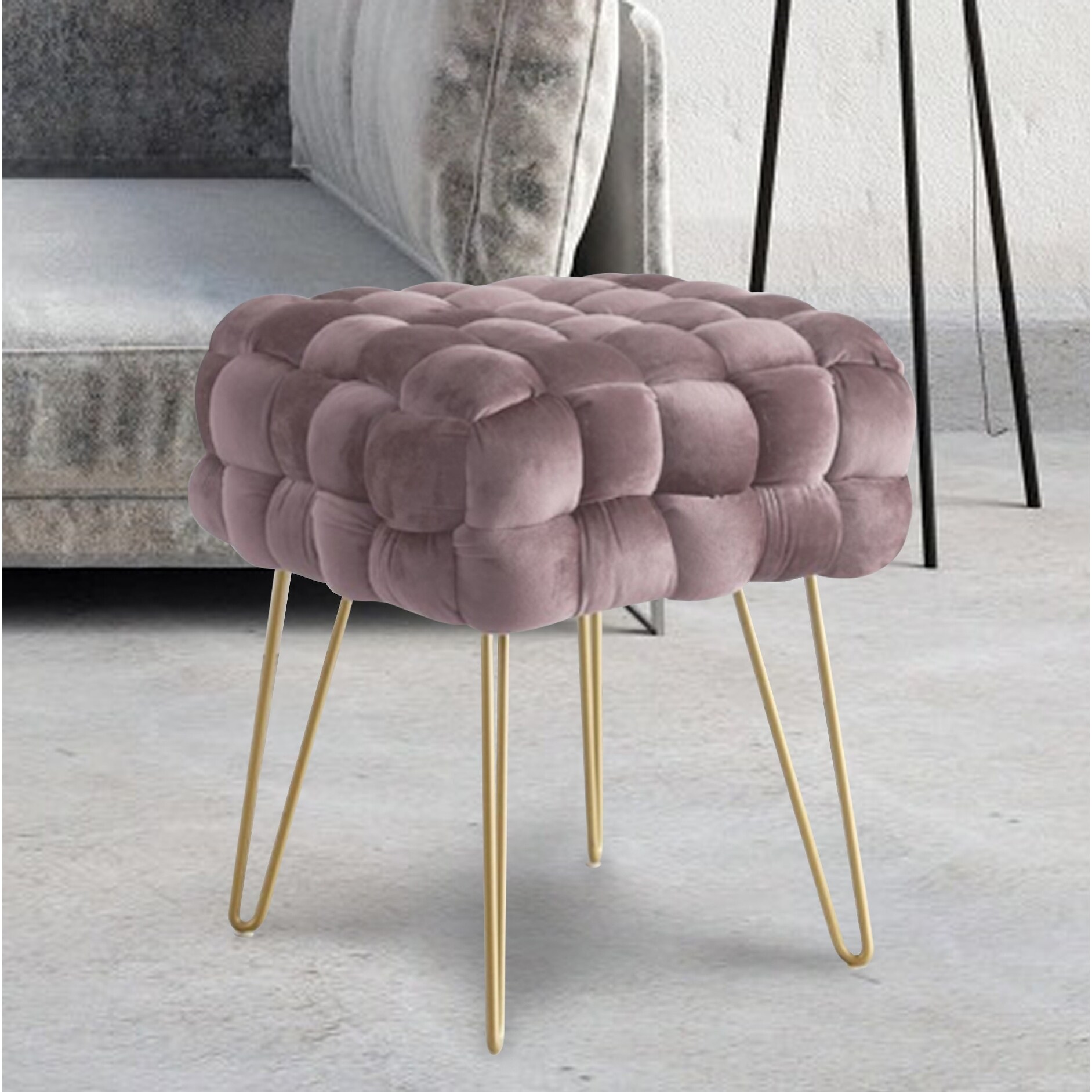 Square Shape Velvet Metal Leg Stool Ottoman