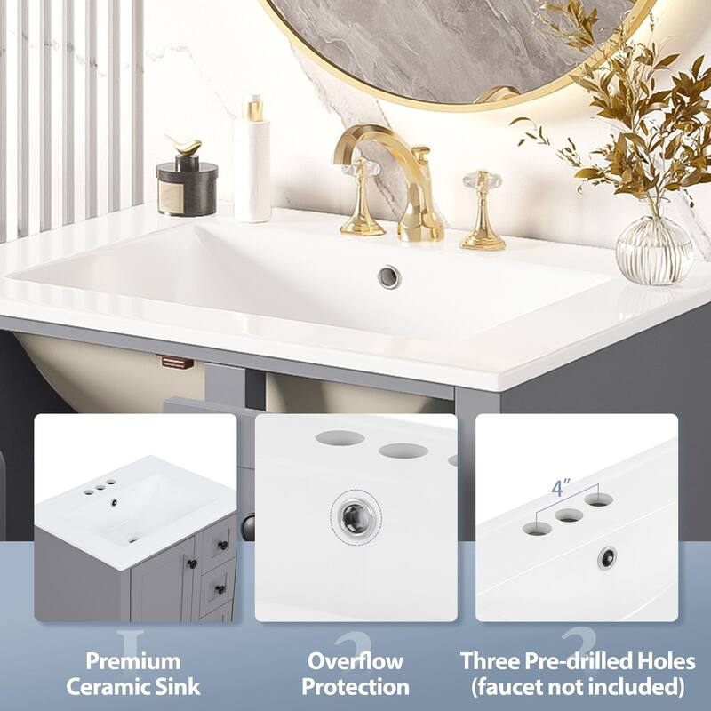 24-Inch Bathroom Vanity With An Integrated Ceramic Basin, Featuring A Door-Mounted Double-Layer Shelf, Soft-Close Drawers