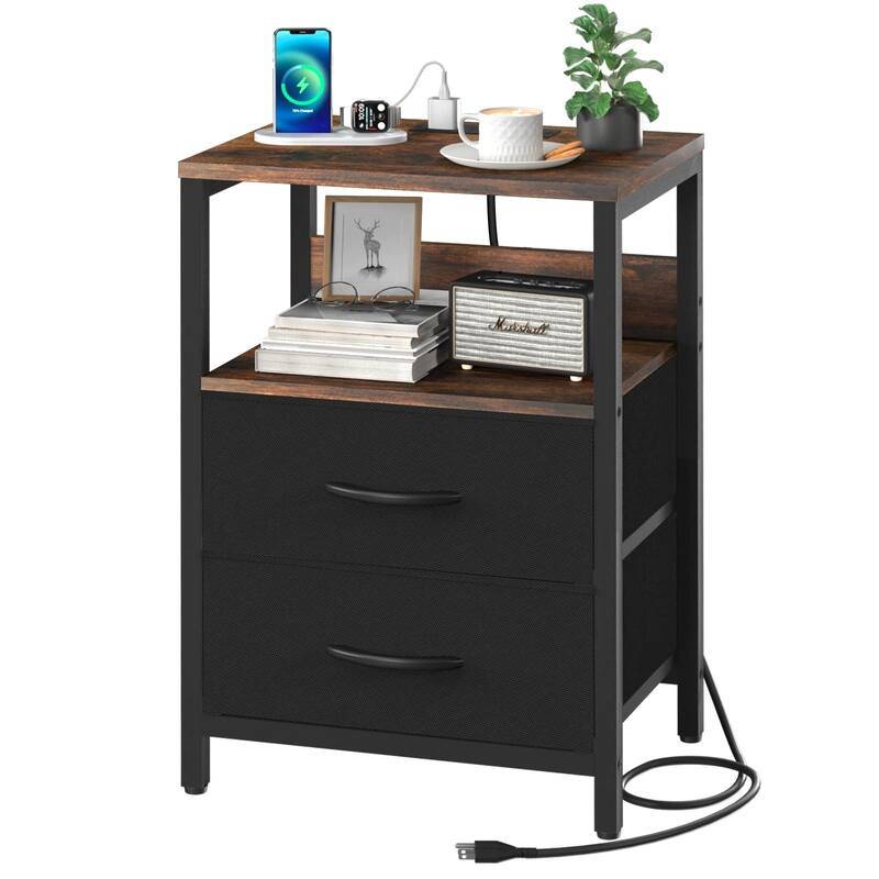Nightstand with Charging Station, Small Night Stand with Fabric Drawers,Small Spaces Bedside Table with USB Ports & Outlets - Walnut