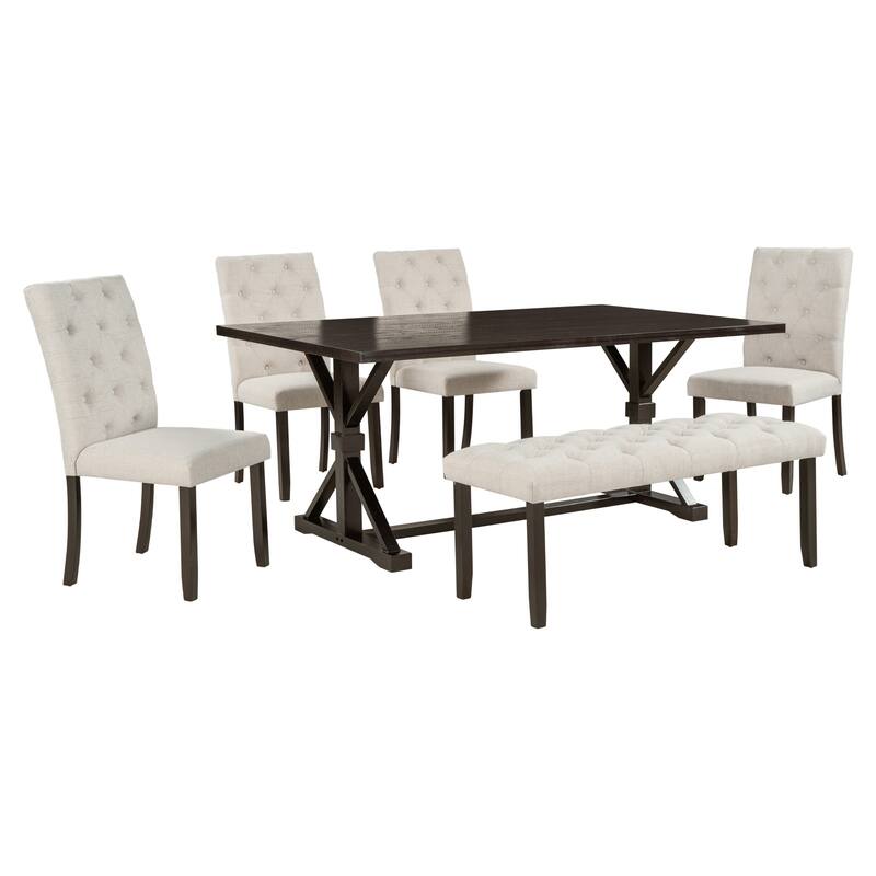 6-Piece Farmhouse Dining Table Set 72" Wood Rectangular Table, 4 Upholstered Chairs with Bench