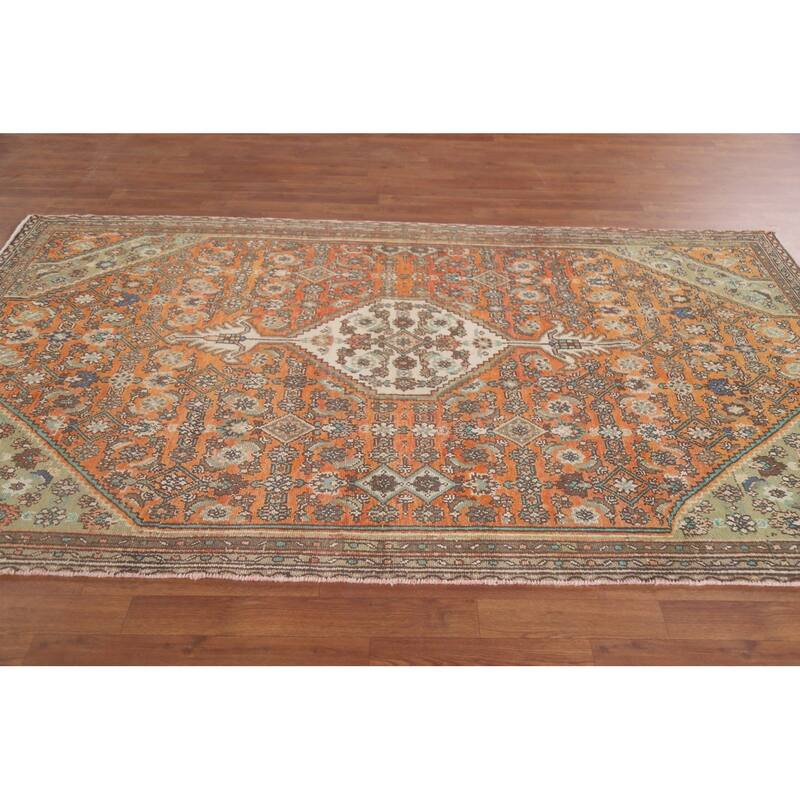 Hand Knotted Oriental 100% Wool Carpet Traditional Medallion Oranges & Rust Hamedan Area Rug - 8' 6'' X 5' 0''
