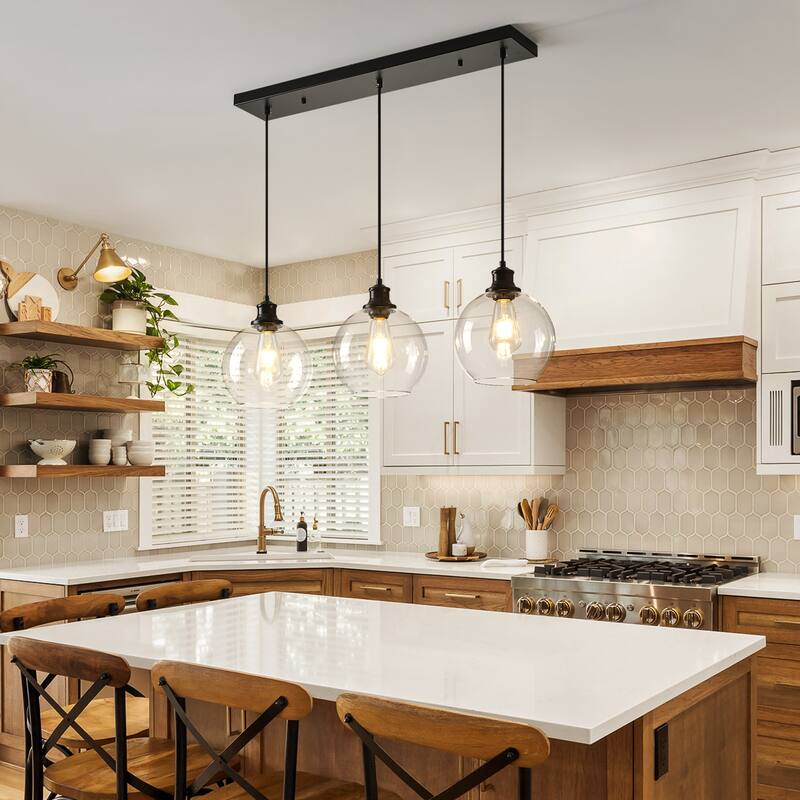 Starsky 3/5 Light Modern Linear Chandelier Cluster Kitchen Island Light with Glass Globe Shade - 3-Light - Clear Glass