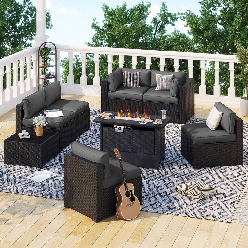 AOXUN Wicker Rattan Outdoor Sectional Sofa Set with Coffee Table - 8 pcs - Black-Dark Grey