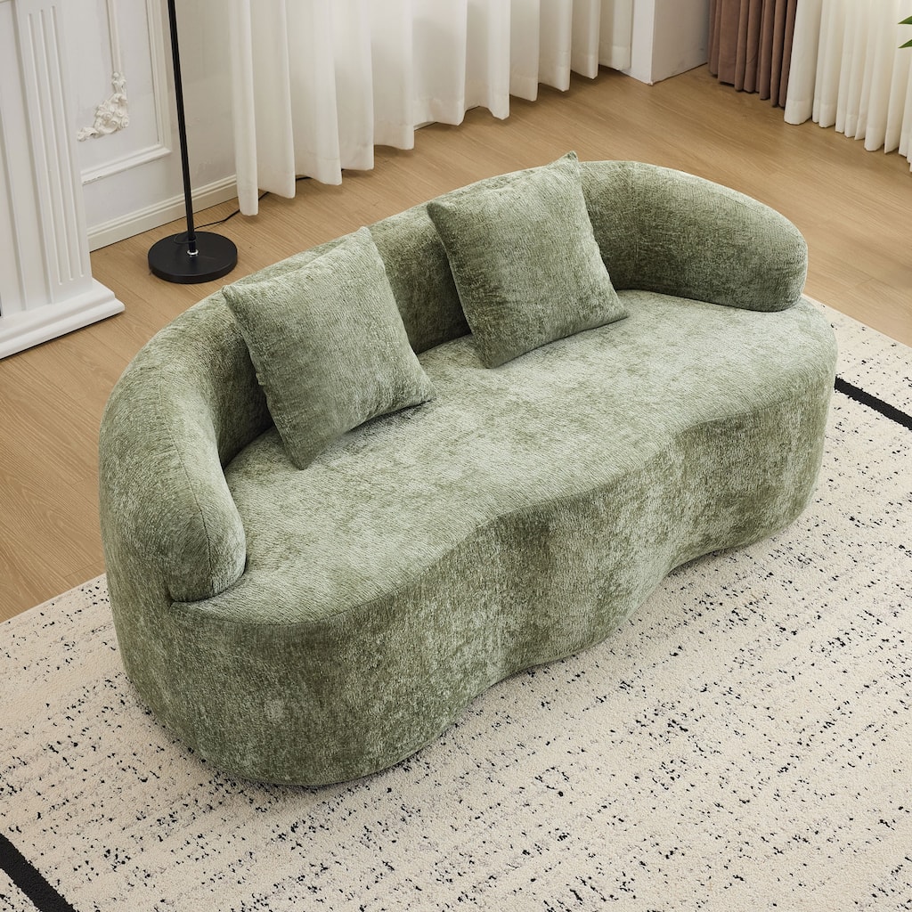 Roomfitters Green Curved Loveseat Sofa with Round Armrest, Compression Couch with 2 Pillows for Living Room & Bedroom