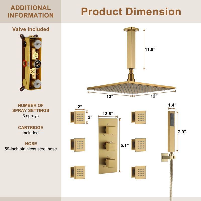 Celling 12 inch LED 3 Function Thermostatic Shower System with 6 Body Jets