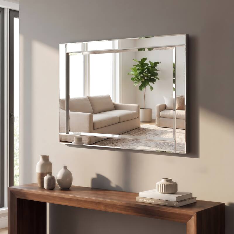 Beveled Rectangle 1"-Beveled Center Wall Mirror with Solid Wood Frame - Clear