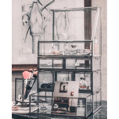 Vintage Mirrored Glass High Level Makeup Organizer With Diamond Cut - Silver