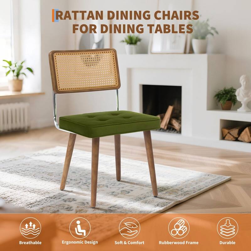 Mid-Century Modern Upholstered Dining Chair with Checkered Hollow Rattan Backrest and Padded Cushion