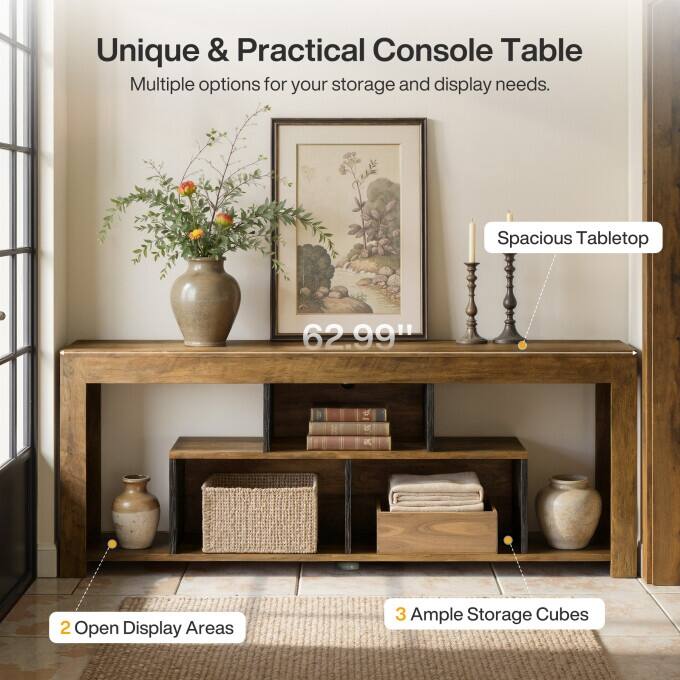63" Rustic Wooden Console Sofa Table, Long Entryway Table with Storage