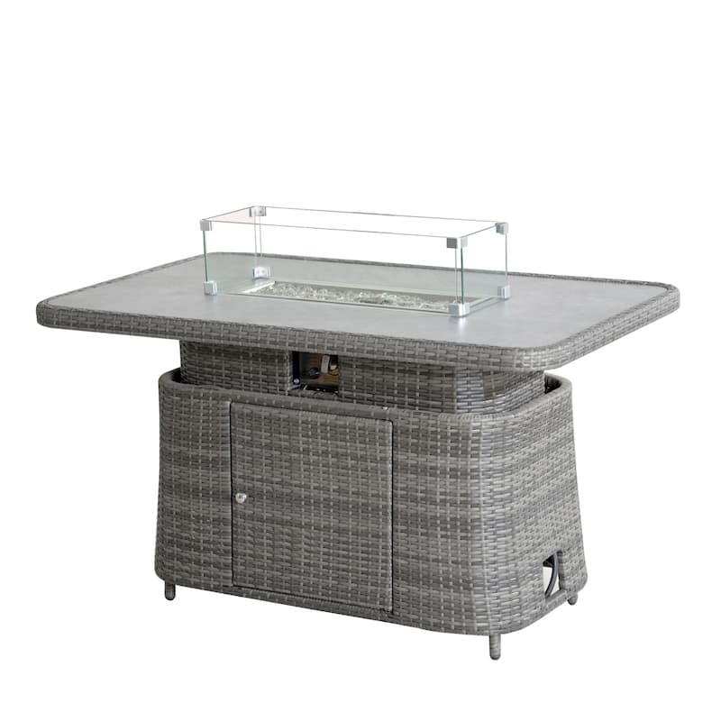 50,000 BTU Adjustable Height Aluminum Propane Fire Pit Table with Faux Stone Glass Top and Wind Guard