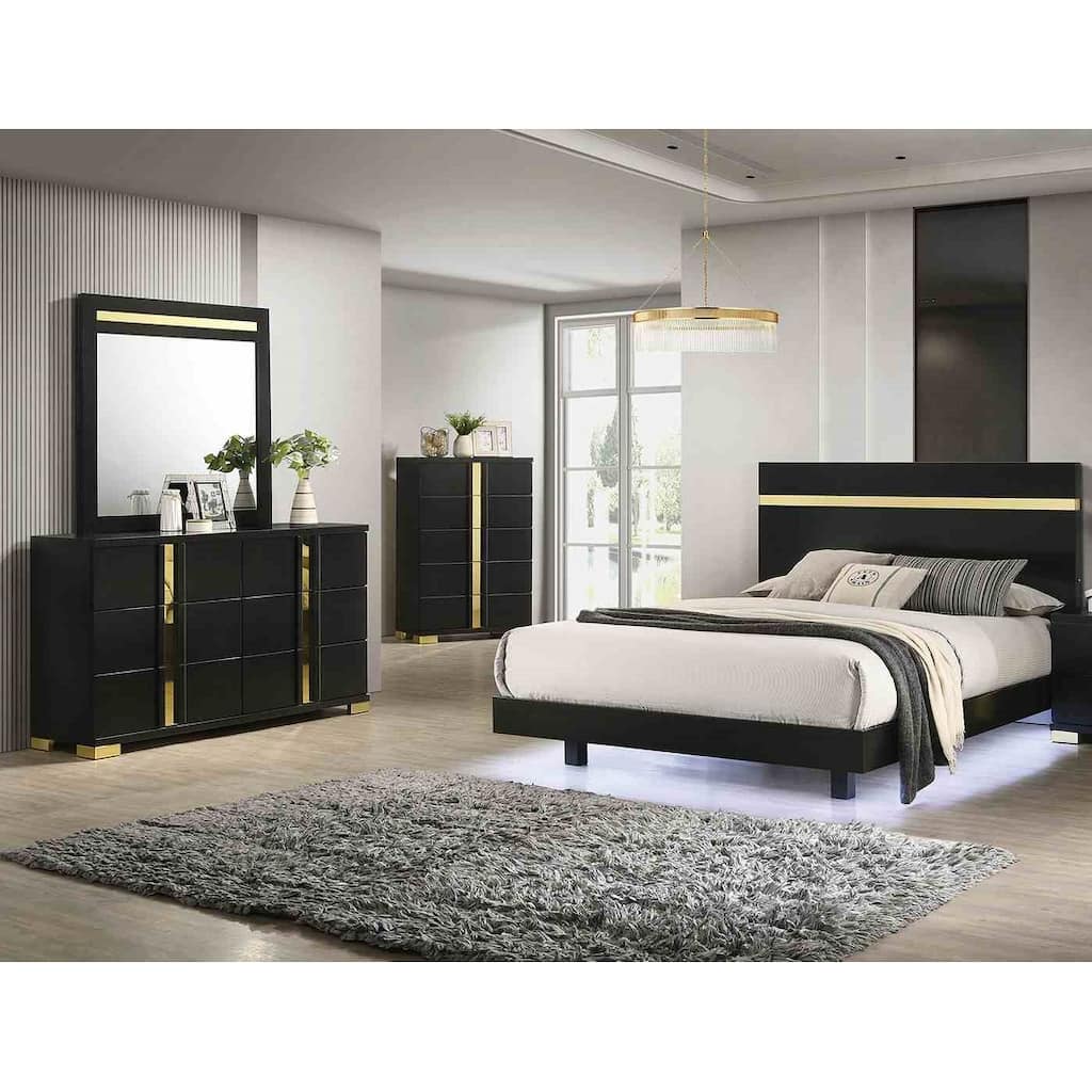 4pc Black Glam Bed Chest Dresser Mirror Bedroom Set