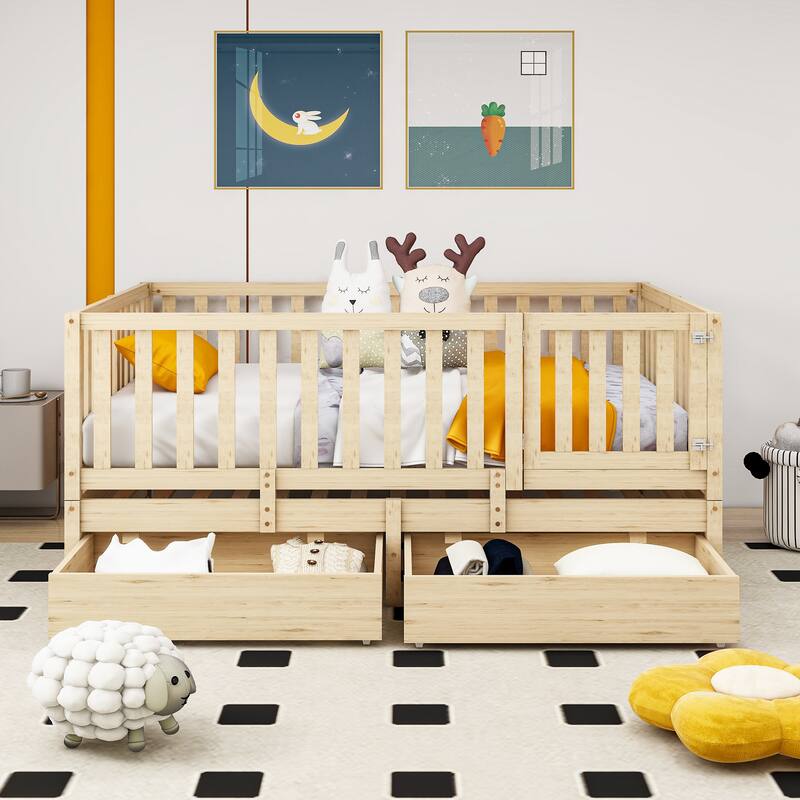 Modern Wood Daybed with Fence Guardrails and 2 Drawers - Natural - Full
