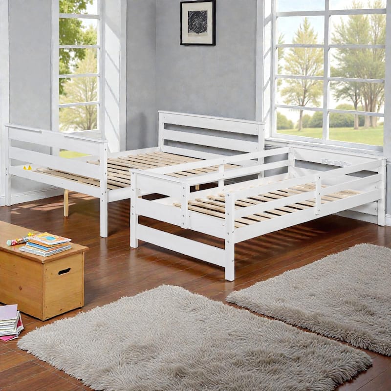 Wood Twin XL over Queen Bunk Bed with Ladder, Solid Pine Detachable Bunk Frame with Guardrails and Slat Support