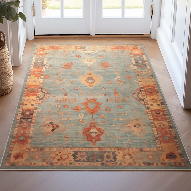 Well Woven Ushak Fethiye Vintage Medallion Pastel Flat-Weave Area Rug - 3'11" x 5'3" - Blue