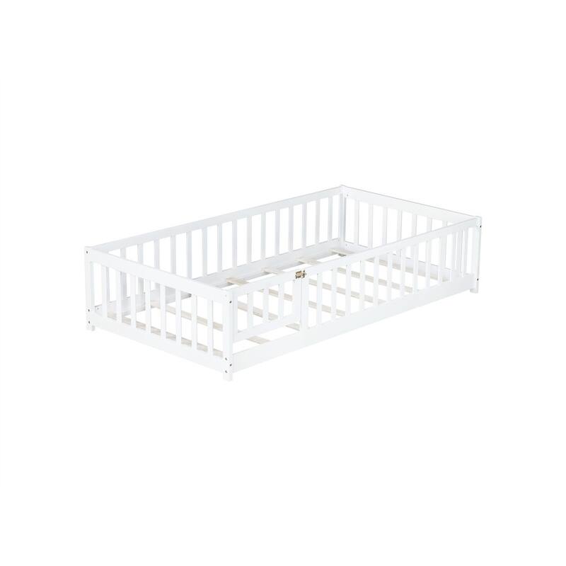 Twin/Full/Queen Size Floor Bed with Fence Guardrails and Door, Rubber Wood Toddler Bed Montessori Bed with Slats Support