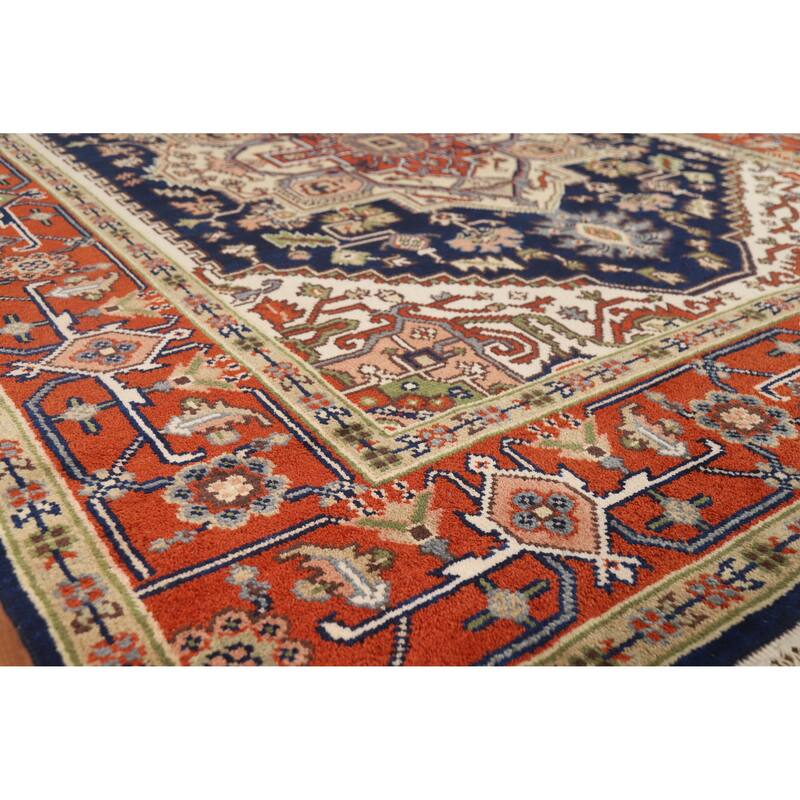 Hand Knotted Oriental 100% Wool Carpet Traditional Medallion Navy Blue & Blues Heriz (serapi) Area Rug - 10' 0'' X 7' 11''