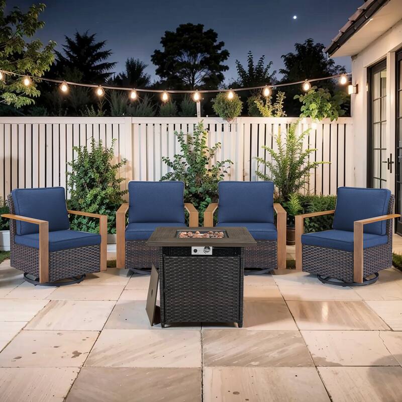 Pocassy Outdoor 30" Fire Pit Table with Sofa Swivel Chair Set - Brown Wicker Blue Cushion - 5-Piece Swivel Chair with Suqare Fire Table