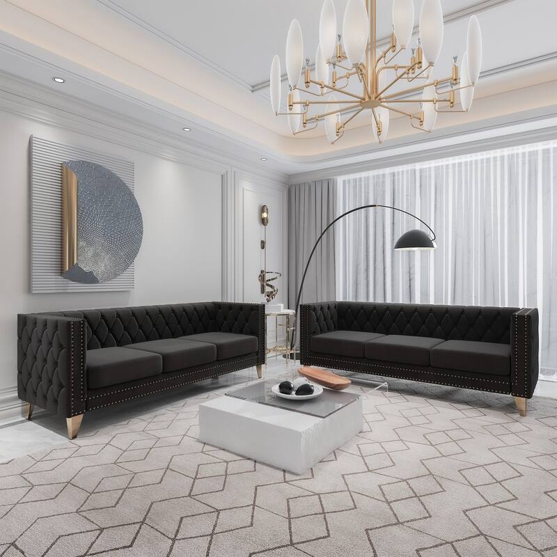 2-Pieces Velvet Upholstered 3 Seat Sofa, Classic Chesterfield Couch Buttons Tufted Square Arm Sofa with Nailheads and Metal Legs