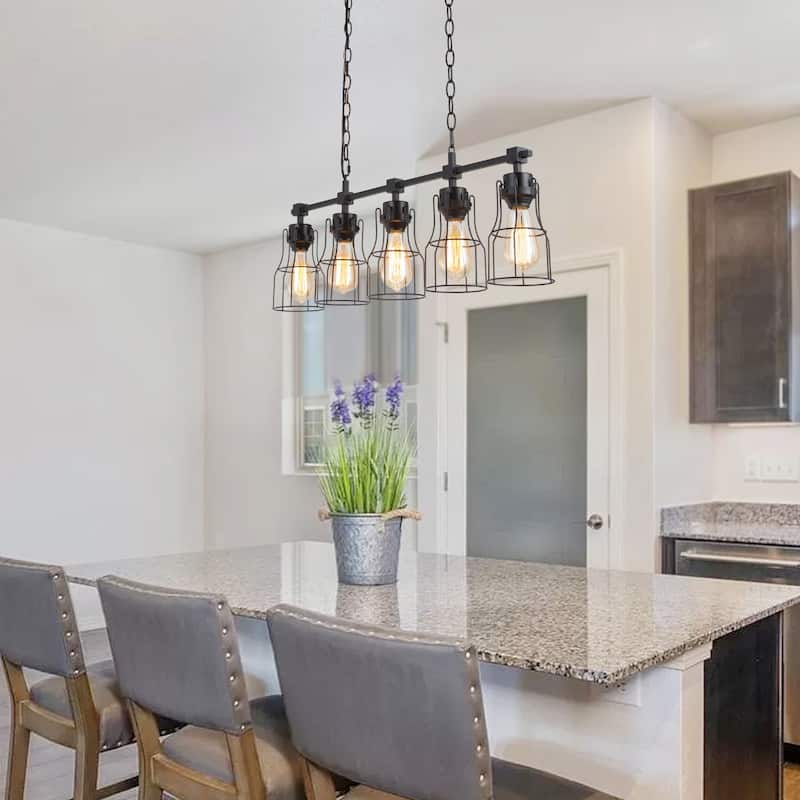 Kenid Farmhouse 5-Light 31" Matte Black and Wood Grain Linear Cage Kitchen Island Light - L32" x W5" x H11"