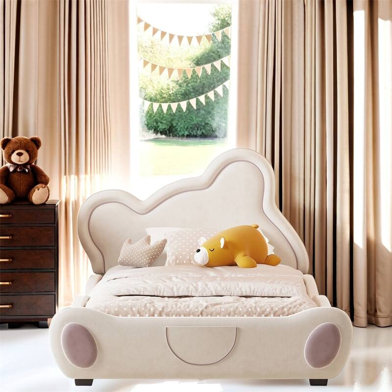 Twin Size Velvet Platform Bed with Bear-Shaped Headboard and Pocket