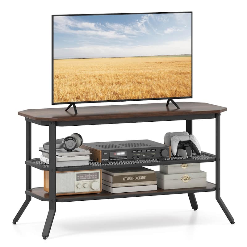 Costway TV Stand for 46" TVs with 2 Storage Shelves Tapered Metal Legs - Rustic Brown+ Black